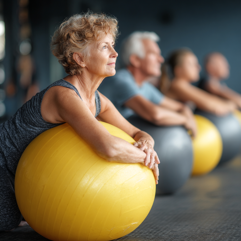 Grupo de personas de 50-60 años en clase de pilates grupal, todos mostrando excelente forma y disfrutando del entrenamiento en estudio amplio
