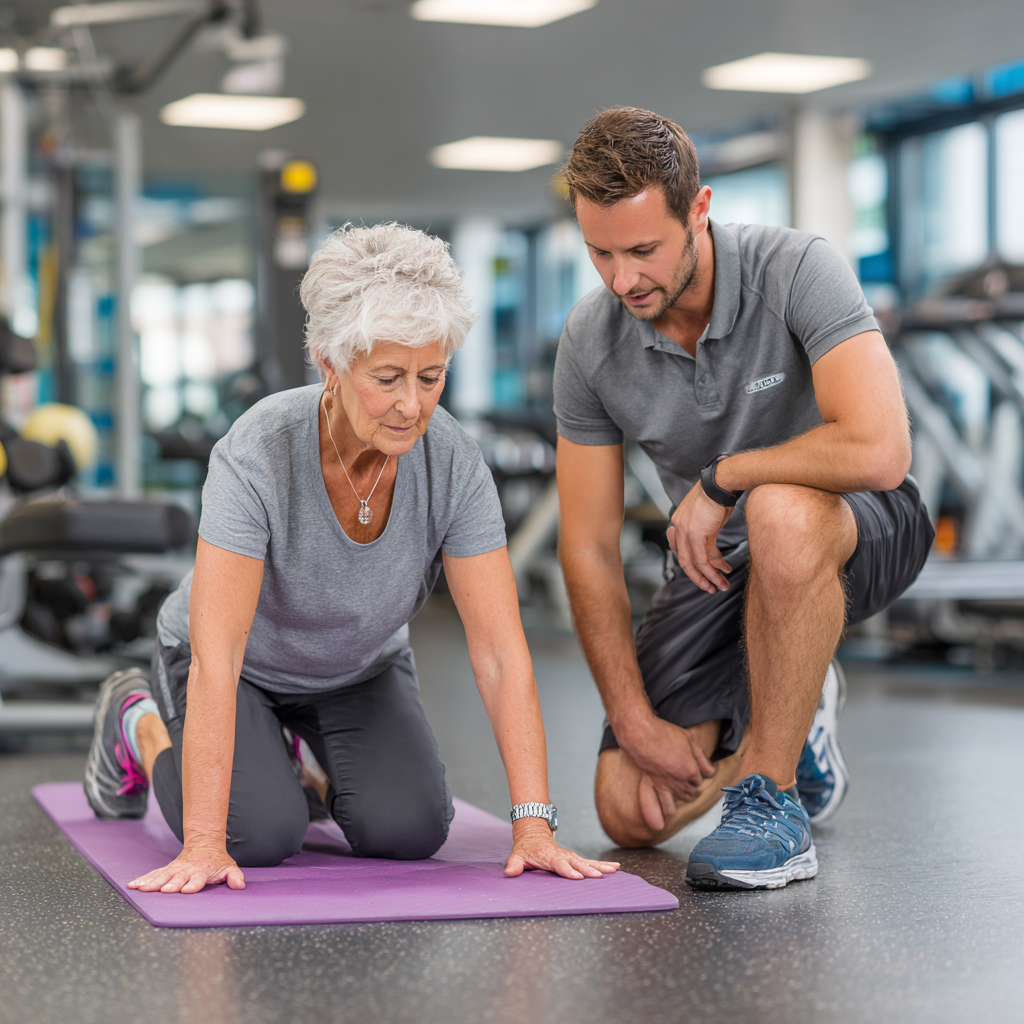 Entrenadora personal guiando a mujer de 52 años en ejercicios de movilidad y flexibilidad en gimnasio luminoso y moderno